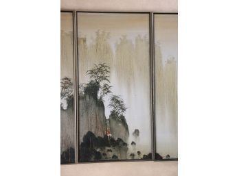 Triptych Painting Of Mesmerizing Stone Outcroppings On Asian River Signed R.E. Rinell