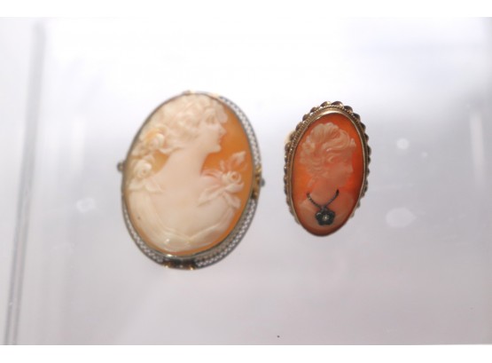 14K YG  Oval Cameo Pendant/Pin & 14K YG Oblong Cameo Ring Size 6.5