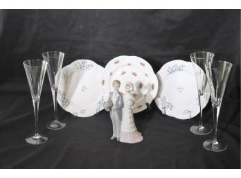 Lladro Bride & Groom Porcelain Figurine & 3 Floral Plates By Shelley England Rosebud 13426, Blue Rock 13591