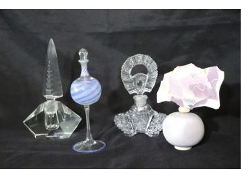 Perfume Bottles Include A Bottle With A Pretty Blue Swirl, Amazing Stopper With An Etched Pagoda, Signed Potte