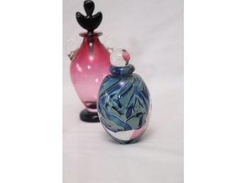 Beautiful/Fun Colored Fragrance Bottles Eiclcholt 91 Blue Art Glass Bottle, Signed Pink Glass Bottle