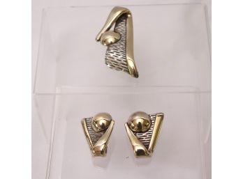 Signed Hollow Sterling Designer Earrings & Pin