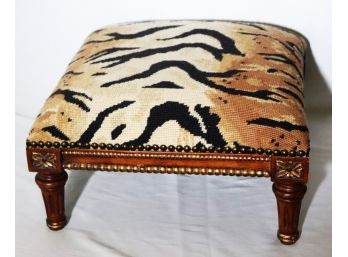 Animal Printed Needlepoint Stool With Painted Gold Tone Accent In The Style Of Louis The 16th, Nice Conditi