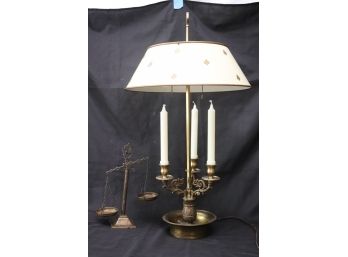 Vintage Brass Toleware Table Lamp With A Bumblebee Detailed Metal Shade, Includes Scale Made In Italy