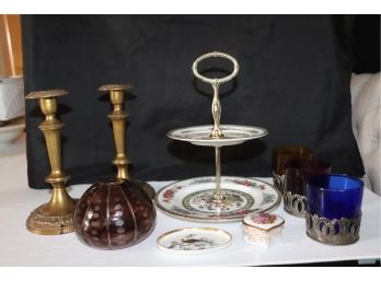 Brass Candlesticks, 2 Tier Cookie Tray With Floral Design & Porcelain Limoges Box, Rosenthal Tray With Bird De