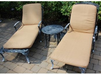 2 Outdoor Cast Aluminum Lounge Chairs, Includes Umbrella Stand & Small Table