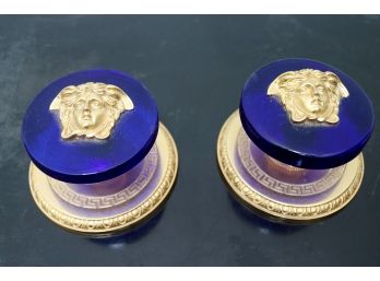 Exquisite Brass Versace Drapery Tie Backs With Amazing Cobalt Blue Glass & Embossed Medusa Emblem