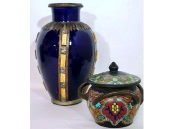 Exotic Blue Porcelain Vase With Bone Inlay & Antique Gouda Biscuit Jar