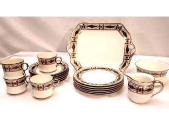 Elegant Cauldron China England Dessert Set With Blue/Gold Includes Tray, 6 Cups, 6 Saucers, 6 Dessert Plat