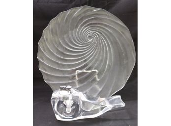 Retro Large Glass Serving Plate In Shell Swirl Shape And Modern Lucite Lighter.