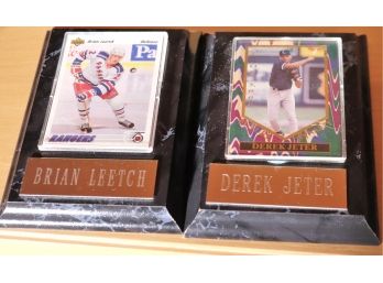 Framed And Mounted Baseball Cards Of Derek Jeter 1 / 5,000 And Brian Leetch Rangers Defense.