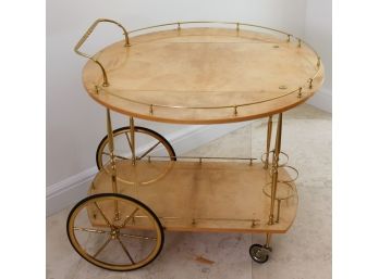 Italian Art Deco Style Bar Cart With Parchment Topped Wood And Brass Embellishment.