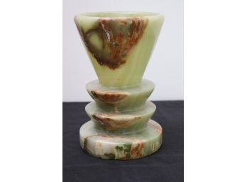 Variegated Green Onyx Vase In A Geometric Art Deco Design.