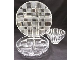 Three Glass Serving Pieces With Heart Shaped Plate, Geometric Divided Plate And Omnia By Waterford Bowl