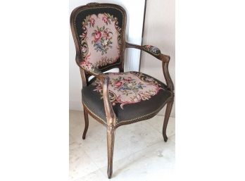 Louis XV French Style Armchair With Floral Needlepoint Upholstery & Nail Heads