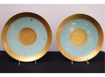 Two Rosenthal Selb Bavaria Aida Pedestal Plates With Gold Nymphs And Gold Trim.