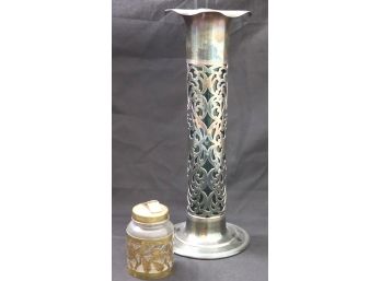 Antique Forbes And Co. Quadruple Plate Art Nouveau Filigree Open Work Vase With Green Glass Liner.