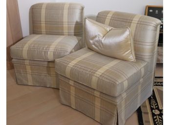 Pair Of Plaid Skirted Armless Slipper Chairs In Tan /taupe Color With J. Robert Scott Fabric.