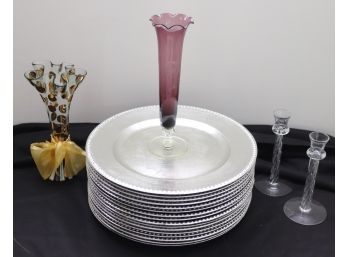 Set Of 16 Plastic Silver Chargers With Button Rims, 2 Vases And Glass Candlesticks.