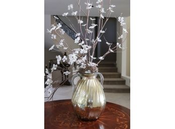 Tall Mercury Glass Vase With Handles And Silk Dogwood Branches.