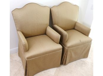 Pair Of Handsome Skirted Armchairs In Stripped Tan Silk Fabric.