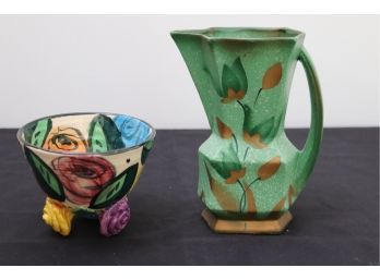 1920s English Green Painted Pitcher And Hand Painted Bowl.
