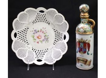 Vintage Delicate Porcelain Hand Painted Bowl And Olive Oil Decanter From Spain.
