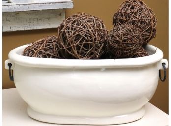 Large Pottery Barn White Ceramic Oval Centerpiece Bowl, With Accompaniment Of Twig Balls.
