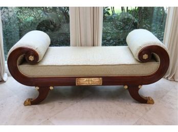 Beautiful Regency Style Curved Arm Settee With Bronze Ball & Claw Feet And Damask Upholstery.