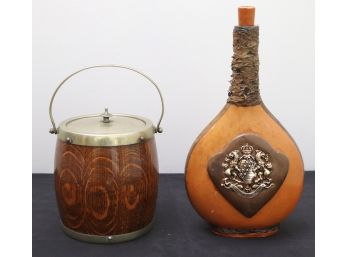 Leather Covered Glass Liquor Bottle Made In Italy And Wooden Barrel Ice Bucket.