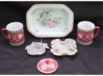 Lot Of Asian Inspired Decorative Items With White, Grey Jade, 2 Teacups And Adams Calyx Ware Bowl.