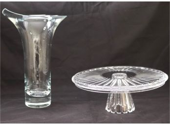 Tall Jack In The Pulpit Glass Vase And Modern Glass Lazy Susan Style Serving Plate.