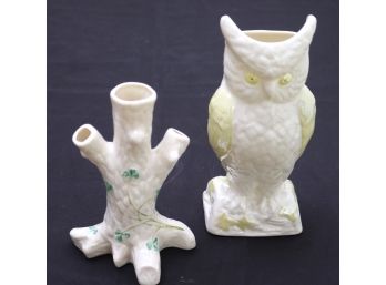 Two Belleek Irish Porcelain Pieces With Tree And Owl Vase.