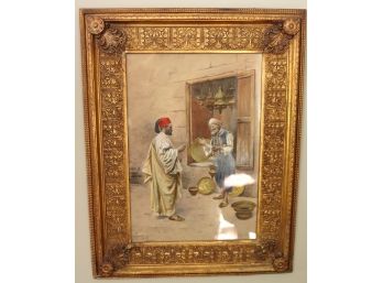 Orientalist Watercolor Painting Signed Giulio Rosati In Splendid Giltwood Frame.