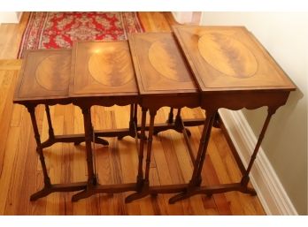 Lot Of 4 Blonde Mahogany Nesting Tables With Inlaid Mahogany Oval Tops.