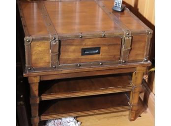 Dark Wood Chest On Base Side Table With Leather Straps.