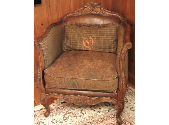 Unique Leather And Fabric Carved Wood Framed Armchair, With Comfortable, Deep Seat.