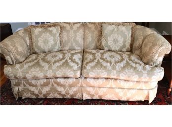 Beacon Hill Roll Arm Sage Green Damask Sofa With 2 Large Seat Cushions.