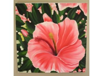 Large Unframed Painting On Canvas Of A Pink Hibiscus Flower Signed T. French.