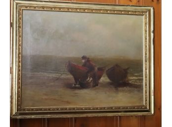 Antique Oil Painting On Canvas Of Bearded Fisherman With Boats And Fish Basket