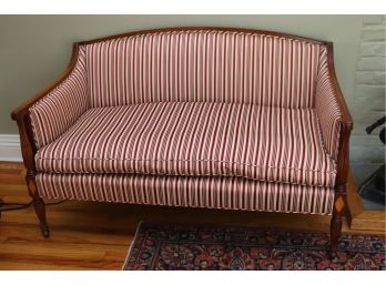 Vintage Edwardian Loveseat With Inlaid Wooden Frame And Stripped Silk Upholstery.