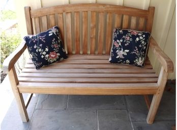 Outdoor Teak Bench And Two Accent Pillows.