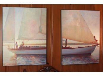 A Pair Of Contemporary Board Mounted Prints Of People On A Sailboat.