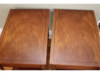 Pair Of 1950s Era Fine Mahogany End Tables With Shelf And Brass Grille Edging.