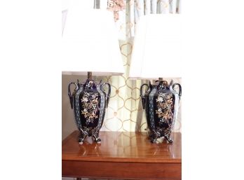 Pair Of French Art Nouveau Porcelain Urn Lamps In Cobalt Blue With Delicate Gold Flowers.