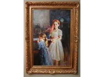 Giclee On Canvas Of 2 Young Girls In Party Dress With Gilt Decorated Frame.