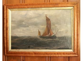 Antique Oil Painting Of Fishing Schooner In Open Ocean With Seagulls And Buoy.