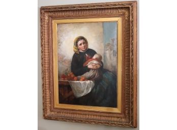 Antique Oil Painting On Canvas By A. Leggett, Titled The Fruit Seller In Original Giltwood Frame.