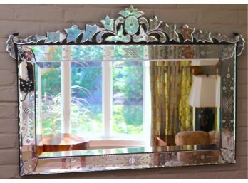 Rectangular Venetian Mirror With Incised Floral Border And Crown.