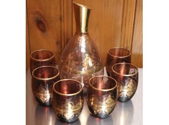 Vintage Murano Decanter Set Amethyst Gold, With Bottle And 6 Glasses.